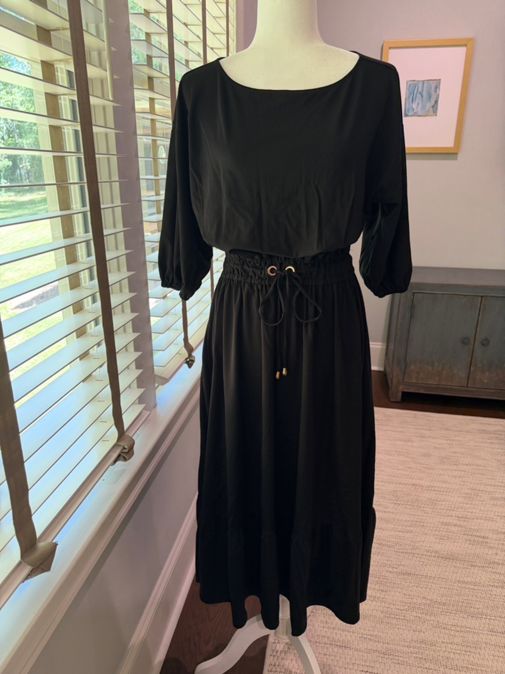 Ann Taylor Black Drawstring-Waist Midi Dress. Like New. Size Small.
